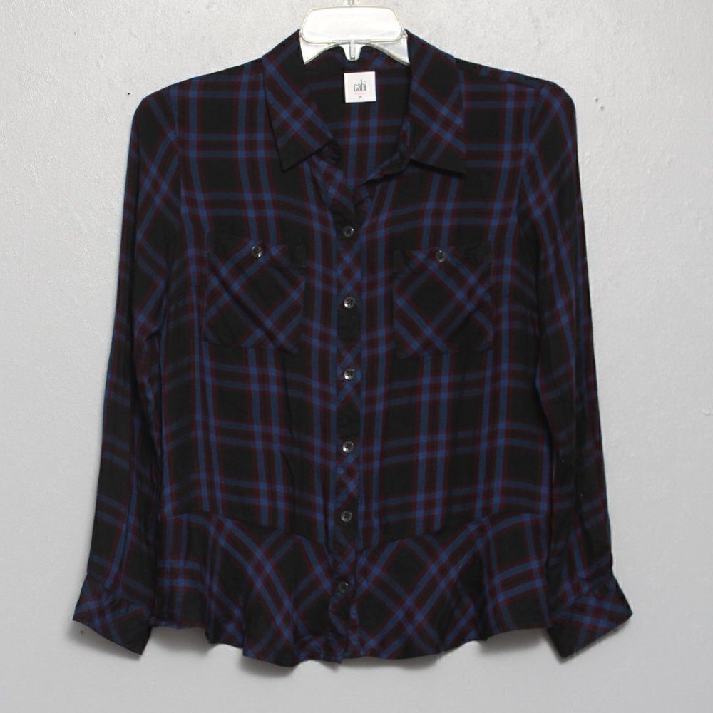 Cabi blue purple black plaid peplum rayon flannel button up shirt